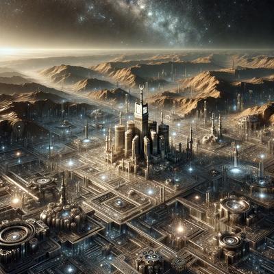 The primary subject of the image is a futuristic cityscape with a large, sprawling metropolis. The setting is a dark, starry sky, which contrasts with the bright lights and structures of the city. The visual style is a combination of digital art and illustration, creating a detailed and intricate representation of the city. The colors and mood of the image are predominantly dark and moody, with the city's lights providing a stark contrast against the night sky.